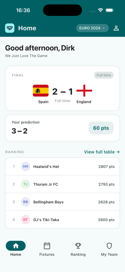 La app de Koppa mostrando un resultado, tu pronóstico y la tabla de posiciones